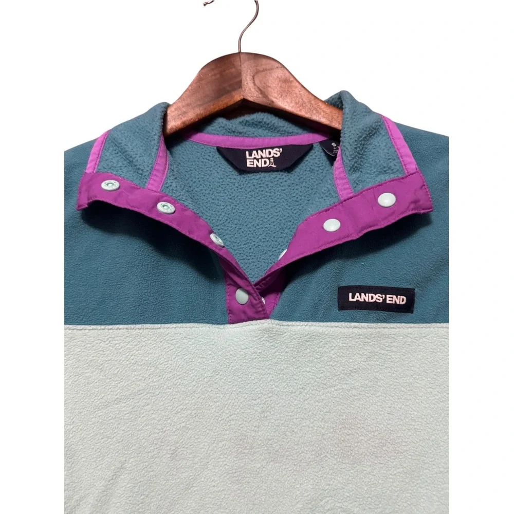 Lands End Fleece Dress Girls S 6-7 Teal Mint Excellent Colorblock Snap Neck